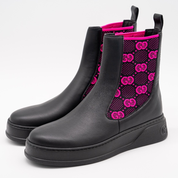 size 41G 11 US Gucci Panelled Jersey Leather Boots Black Pink GG supreme - Picture 1 of 11